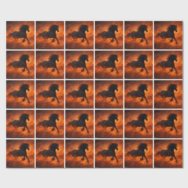 Papel De Presente Garanhão Preto Correndo Através de Névoa Laranja (Aberto)