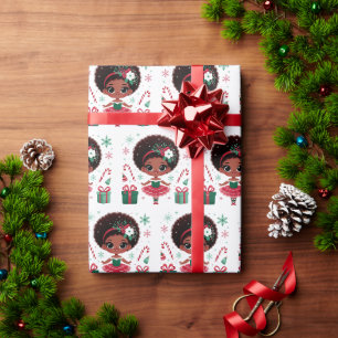 Papel De Presente Garota Bailarina Negra Afro Puff Vermelho Verde Na