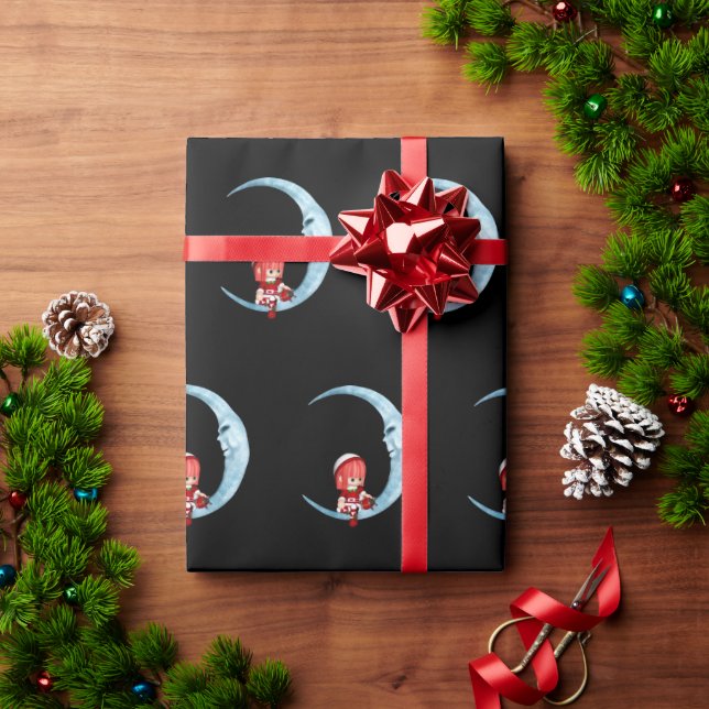 Papel De Presente Garota bonita sentada no Natal preto da lua (Presente de Natal)