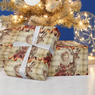 Papel De Presente Garota da Música Antiga e Rena de Natal