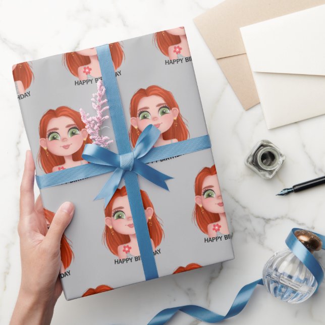Papel De Presente Garota de aniversário de cartum com cabelo vermelh (Presentear)