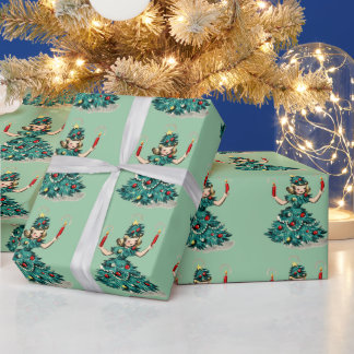 Papel De Presente Garota de árvore de Natal vintage retrô fofa