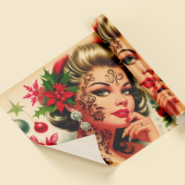 Papel De Presente Garota de Natal Tatuada Vintage (Criador carregado)