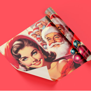 Papel De Presente Garota de Natal Vintage e Papai Noel