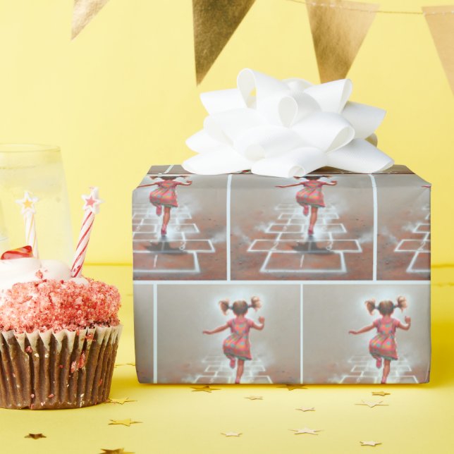 Papel De Presente Garota Jogando Hopscotch (Festa de aniversário)