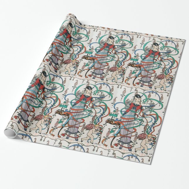 PAPEL DE PRESENTE GAROTA JOVEM,REDEMOINHOS DE FITAS COLORIDAS,CUPIDO (Desenrolado)