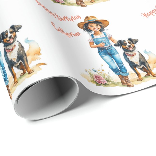 Papel De Presente Garota Ocidental e Cachorro Personalizado Aniversá (Ponta do rolo)