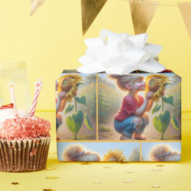 Papel De Presente Garota Pequena Com Girassol (Festa de aniversário)