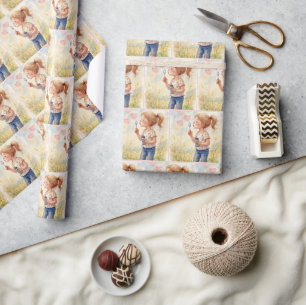 Papel De Presente Garota Soprando Bolhas De Coração Em Aquarela