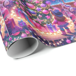 Papel De Presente Garotinha Em Frente Ao Natal Da Árvore