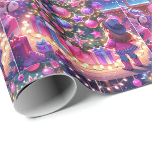 Papel De Presente Garotinha Em Frente Ao Natal Da Árvore