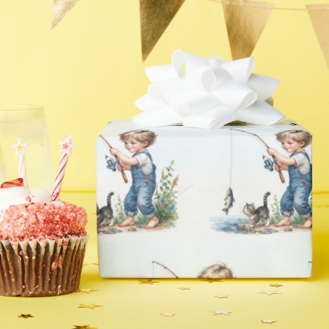 Papel De Presente Garoto A Pescar Com Gatinho (Festa de aniversário)