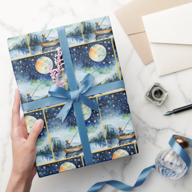 Papel De Presente Garoto De Aquarela Pescando À Noite (Presentear)