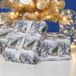 Papel De Presente Garoto puxando um trenó antiquado com árvore de pi