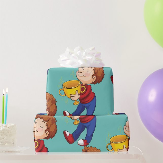 Papel De Presente Garoto que segura Ouro Troféu Prêmio vencedor (Criador carregado)