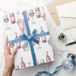Papel De Presente Garrafa de Vinho em Aquarela Elegante Rosa Rosé