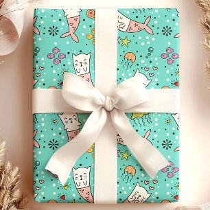 Papel De Presente Gata Sereia Padrão Fofo de Água-viva Marítimo