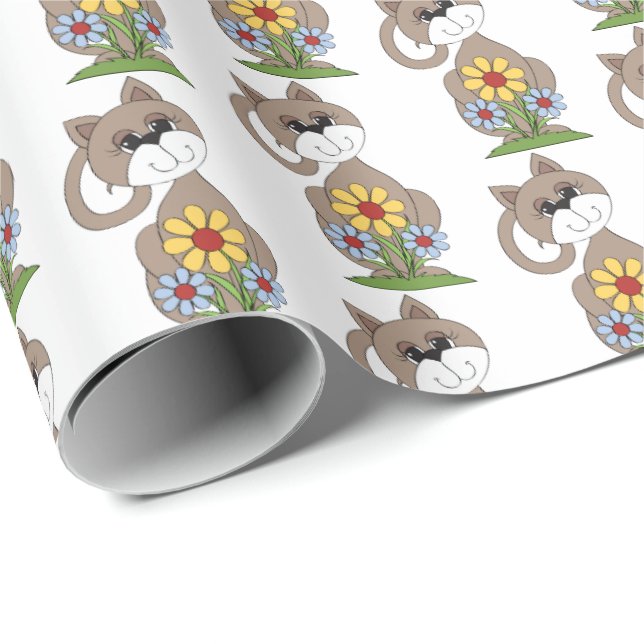 Papel De Presente gatinho bonito com flores (Ponta do rolo)
