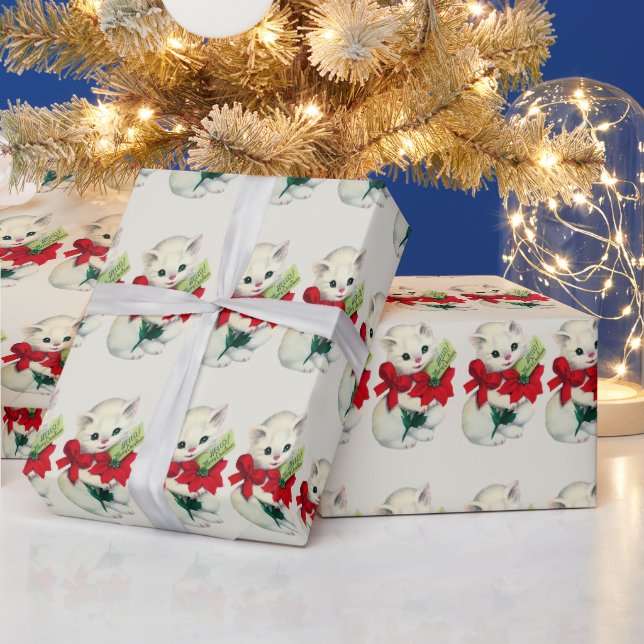 Papel De Presente Gatinho Branco Adorável Kit Retro de Natal Laço Ve (Feriados)