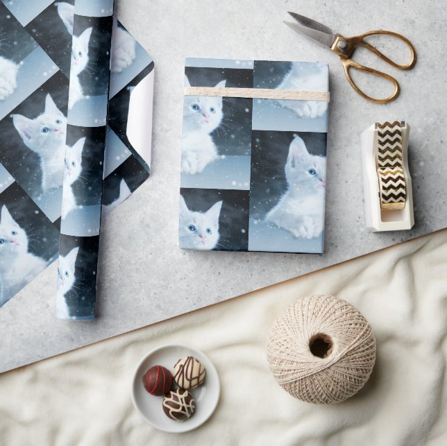 Papel De Presente Gatinho branco e bonito com olhos azuis Bonito e p (Artesanato)