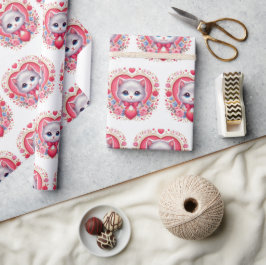 Papel De Presente Gatinho com Arco Vermelho com Corações Românticos