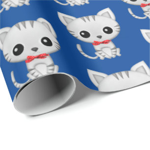 Papel De Presente gatinho de Cinza em azul