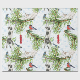 Papel De Presente Gatinho de Natal com Pássaros