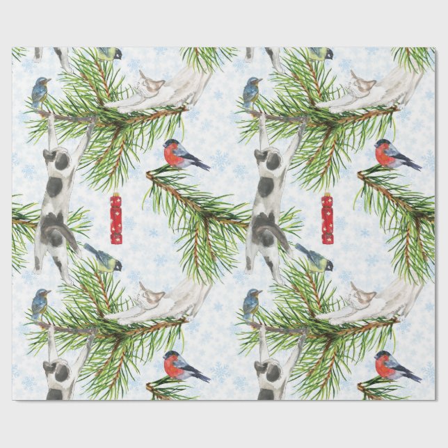 Papel De Presente Gatinho de Natal com Pássaros (Aberto)