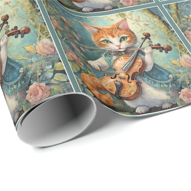 Papel De Presente Gatinho Fofo Tocando o Violino (Ponta do rolo)