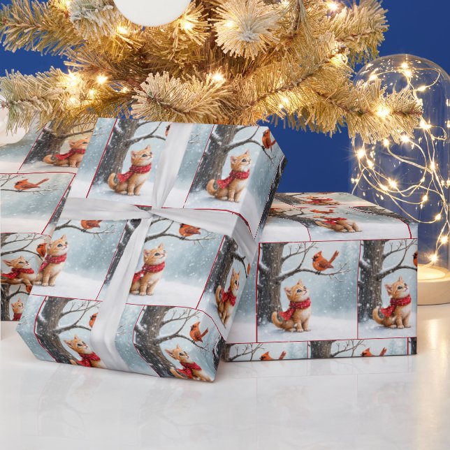 Papel De Presente Gatinho Ginger assistindo a um cardeal (Feriados)