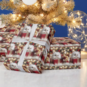 Papel De Presente Gatinho Persa de Natal numa Caixa de Presente