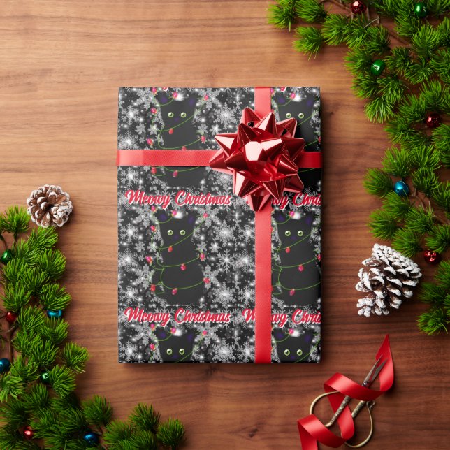 Papel De Presente Gatinho preto fofo de Natal Meowy  (Presente de Natal)