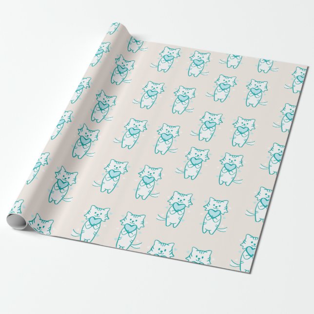 Papel De Presente Gatinho Teal de Namorados Feliz (Desenrolado)