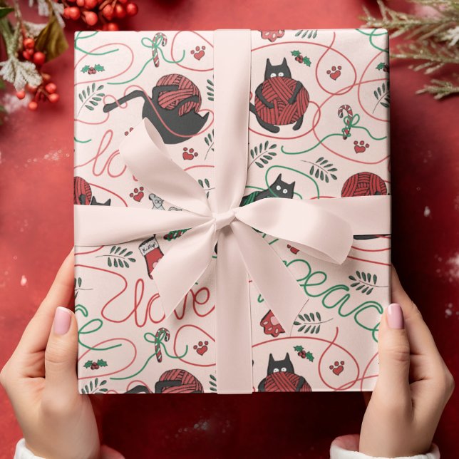 Papel De Presente Gatinhos de Feira de Natal Rosa e Paz (Cute blush pink Christmas wrapping paper for Kitty Lovers. Kittens spell out PEACE and LOVE.)