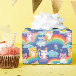 Papel De Presente Gatinhos em Nuvens Arco-Íris Felizes Gato