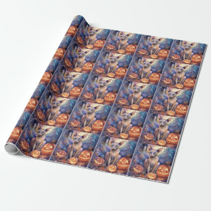Papel De Presente Gato Abissínio de Halloween com Abóboras Assustado