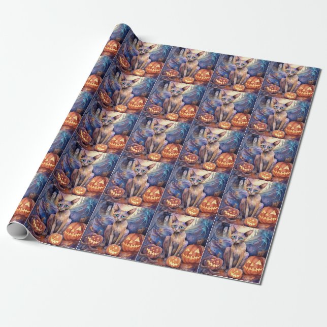 Papel De Presente Gato Abissínio de Halloween com Abóboras Assustado (Desenrolado)