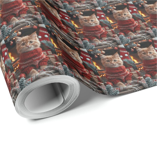 Papel De Presente Gato Angorá Turco Com Presentes De Natal Lareira  (Ponta do rolo)