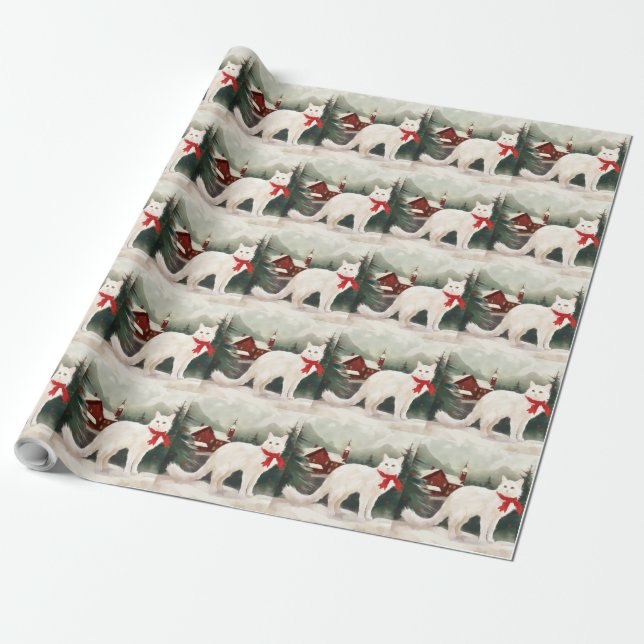 Papel De Presente Gato Angorá Turco na Neve de Natal (Desenrolado)