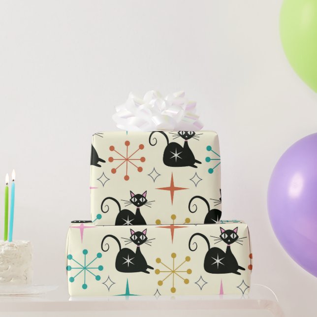 Papel De Presente Gato Atômico Preto de Meados do Século com Explosõ (Presentes para festas)