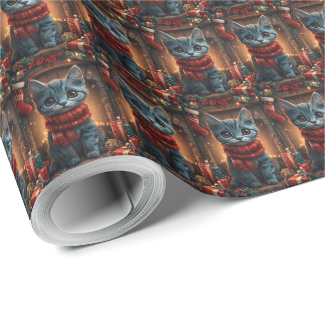 Papel De Presente Gato Azul Oriental Com Lareira De Presente De Nata (Ponta do rolo)
