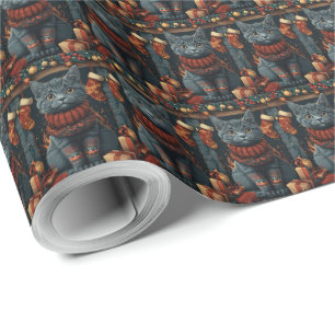 Papel De Presente Gato Azul Russo com Presentes de Natal Lareira