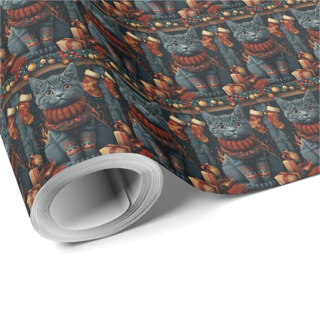 Papel De Presente Gato Azul Russo com Presentes de Natal Lareira (Ponta do rolo)