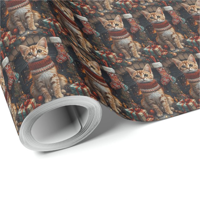 Papel De Presente Gato Bengal Com Presentes De Natal Lareira (Ponta do rolo)