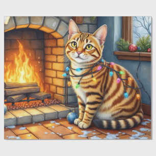 Papel De Presente Gato Bengal lareira com luzes de Natal