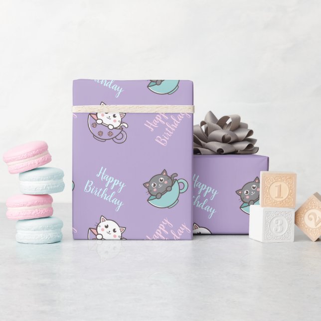 Papel De Presente Gato bonitinho de aniversário na xícara roxa (Chá de bebê)