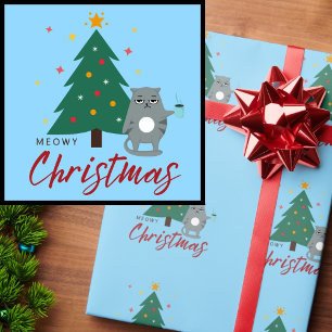 Papel De Presente Gato Bonito com Café e Árvore Feliz Natal