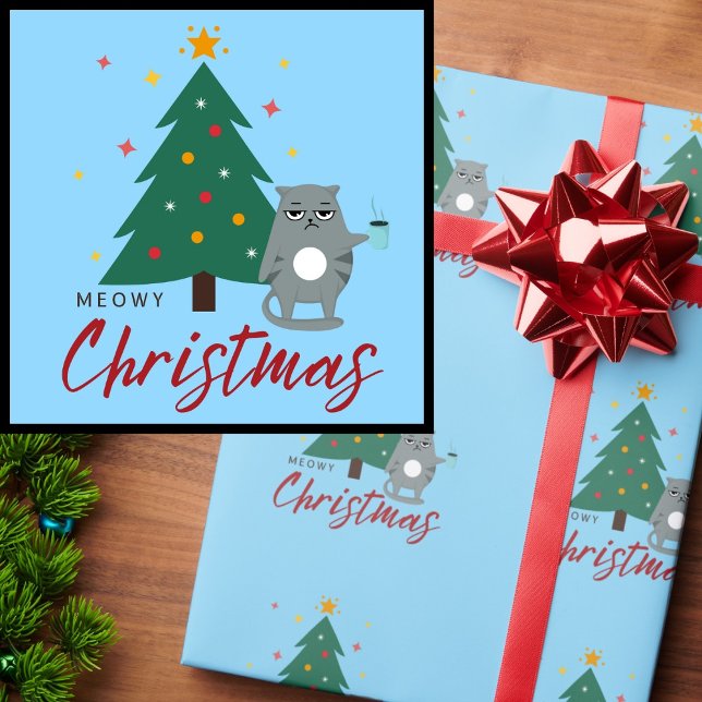 Papel De Presente Gato Bonito com Café e Árvore Feliz Natal (Criador carregado)
