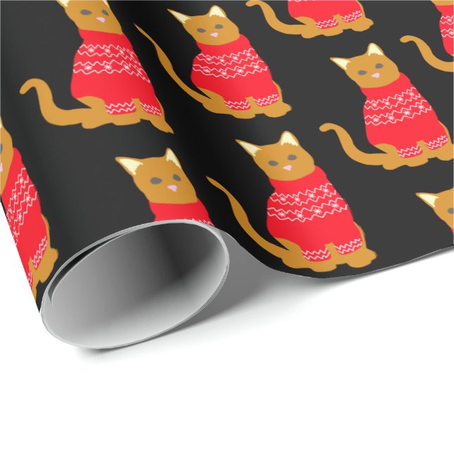 Papel De Presente Gato Bonito no Salmão de Natal Preto Vermelho Padr (Ponta do rolo)