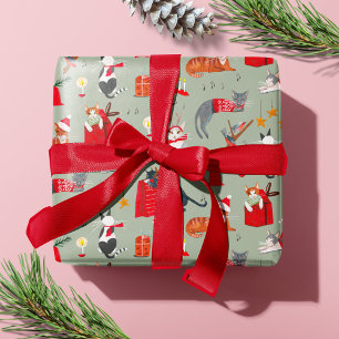 Papel De Presente Gato bonito Retro Vintage Natal Verde